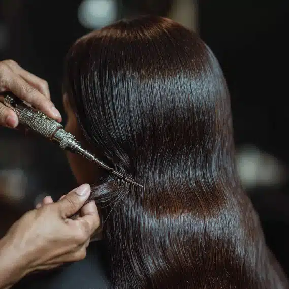 Keratin Fusion Hair Extensions 7 A close-up of a hair stylist's hands applying keratin fusion hair extensions with a heat connector tool.