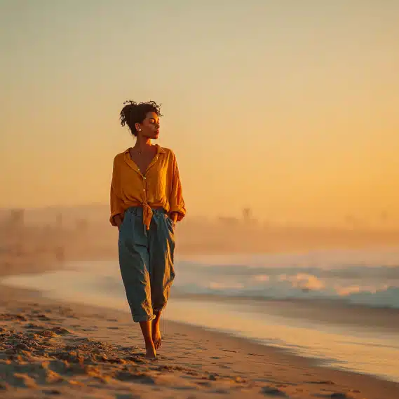 Keratin Fusion Hair Extensions 19 A young woman with long, natural hair walking barefoot on a California beach during golden hour.
