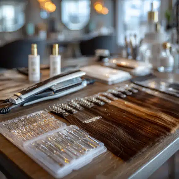 Keratin Fusion Hair Extensions 14 A detailed view of shiny, pre-bonded keratin tip hair extensions arranged on a clean surface.