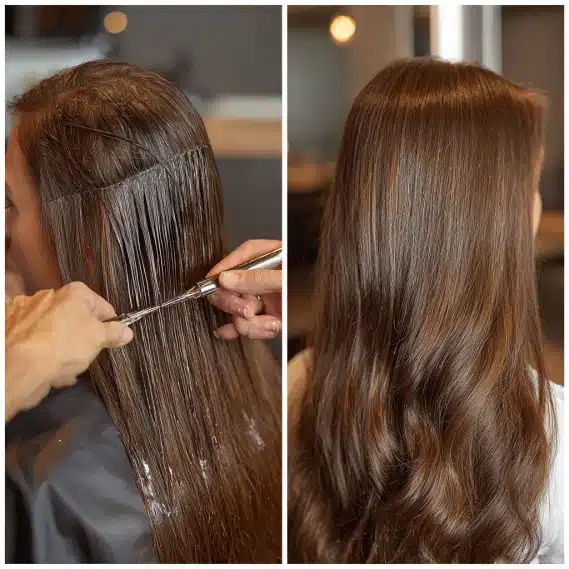 Keratin Fusion Hair Extensions 8 A close-up of a hair stylist's hands applying pre-bonded keratin tip extensions with a professional fusion iron.