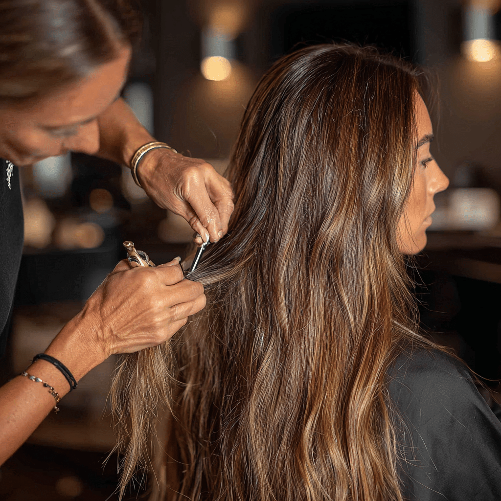 Keratin Fusion Hair Extensions 4 A detailed shot of a hair stylist sectioning hair and applying a pre-bonded keratin tip extension at the roots.
