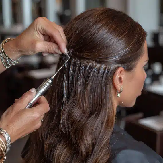 Keratin Fusion Hair Extensions 9 A close-up of small keratin bonds being attached at the roots of hair for a flawless finish.