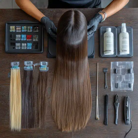 Keratin Fusion Hair Extensions 6 A clean salon workstation with professional tools and materials for keratin fusion hair extensions, including a fusion iron and pre-bonded tips.