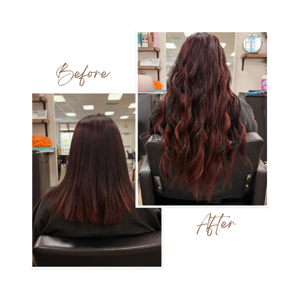 Before and After of beautiful hair extensions, showing a dramatic increase in length and volume achieved at a professional salon.
