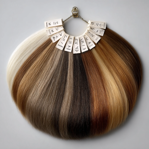hair color swatch ring 2 A circular hair extension color ring with a full range of shades displayed on a clean white background.