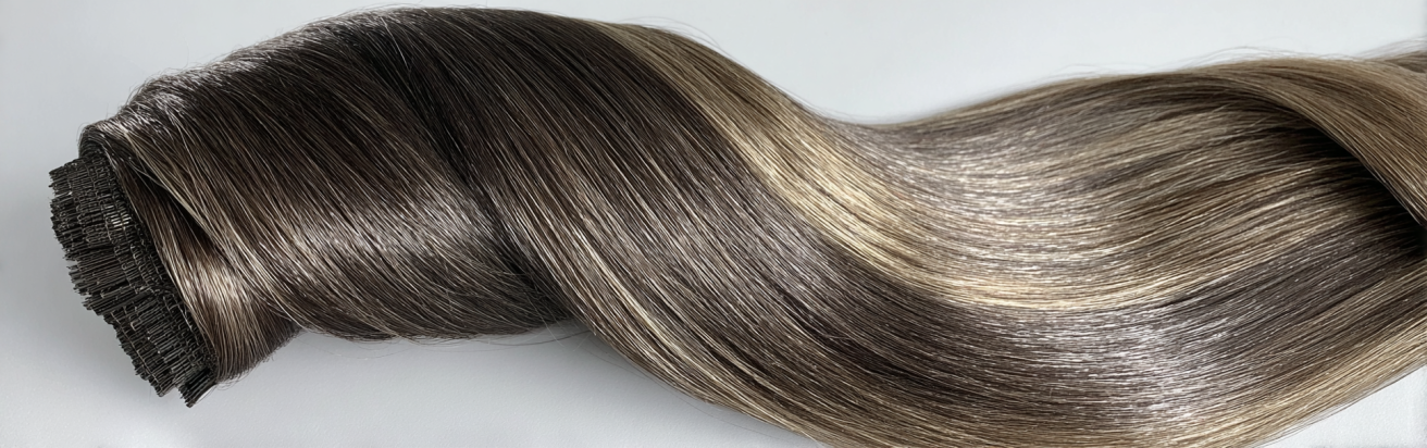 16 Inch Micro Weft Hair Extensions 1 A product photo of Genius Wefts hair extensions in deep noir black, highlighting their shine and smooth, sleek strands.
