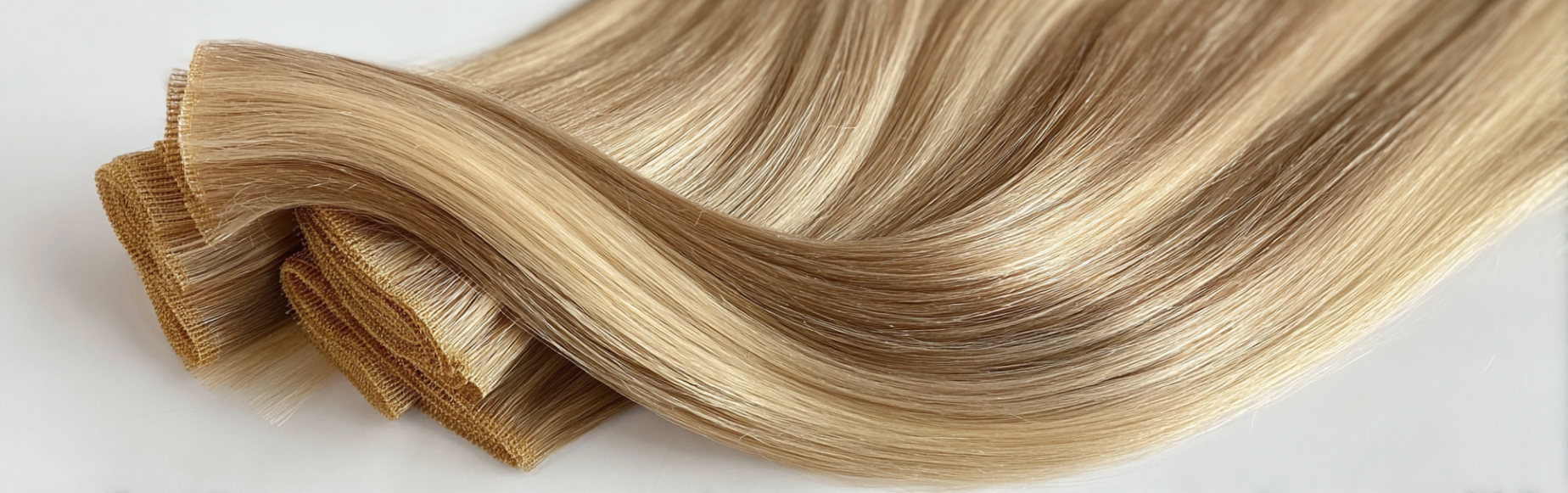 20 inch Weft Human Hair Extensions 2 A set of light blonde Hair Extension Genius Wefts laid out neatly on a clean white background.