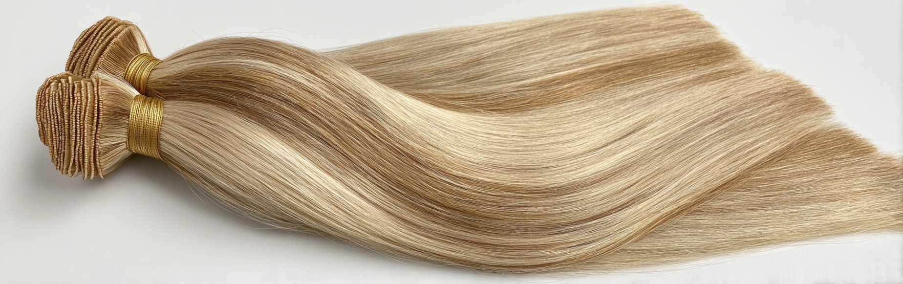 20 inch Weft Human Hair Extensions 1 Close-up of light blonde Hair Extension Genius Wefts showing silky smooth texture and natural shine.