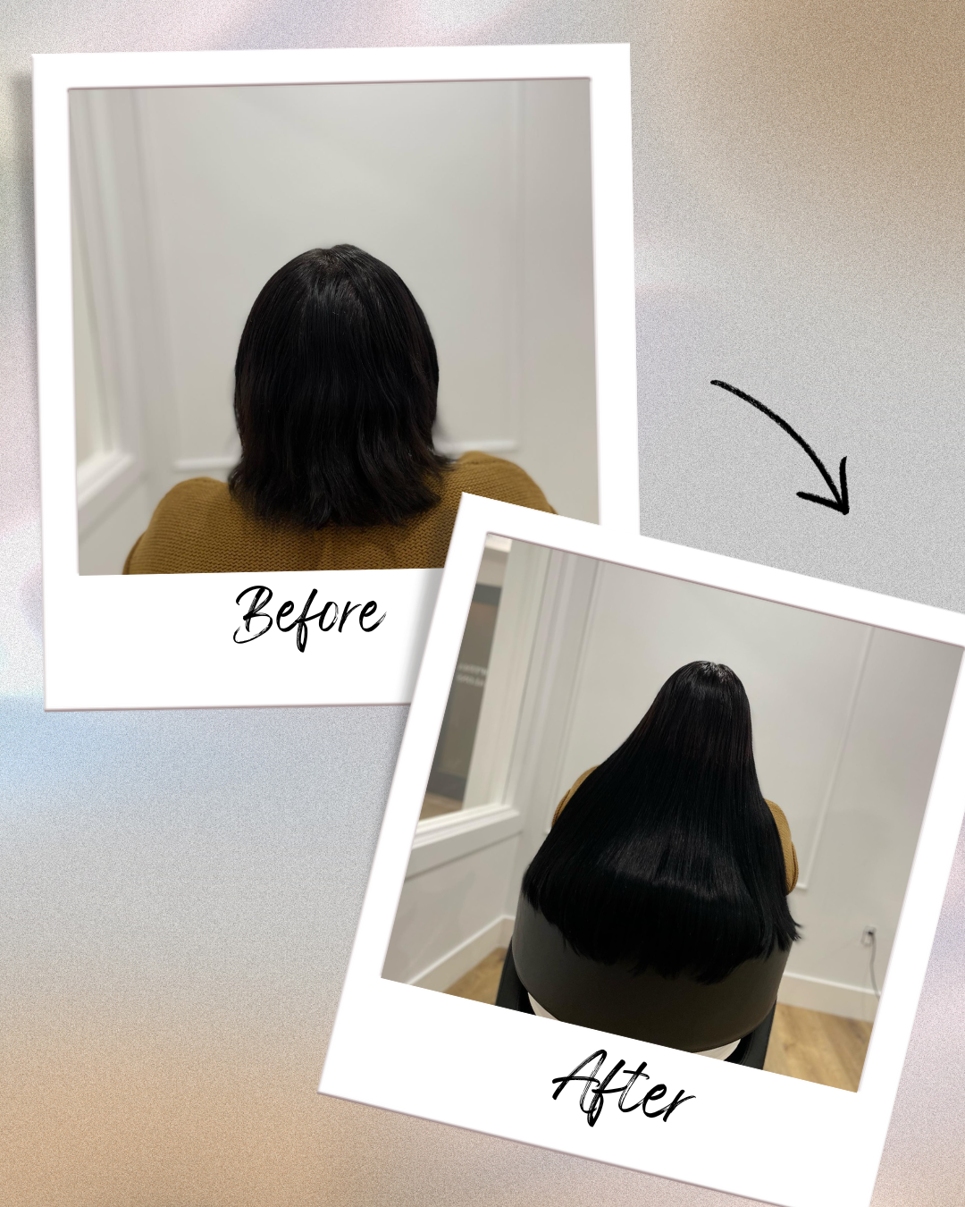 Side-by-side comparison of a client's hair before and immediately after receiving a full installation of sew in extensions.
