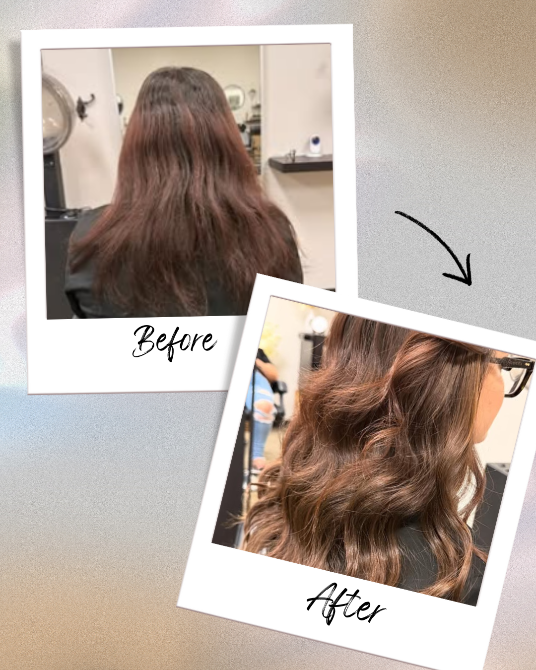 Before and after photos showing how different colored tape-in extensions were used to create highlights without chemical processing.