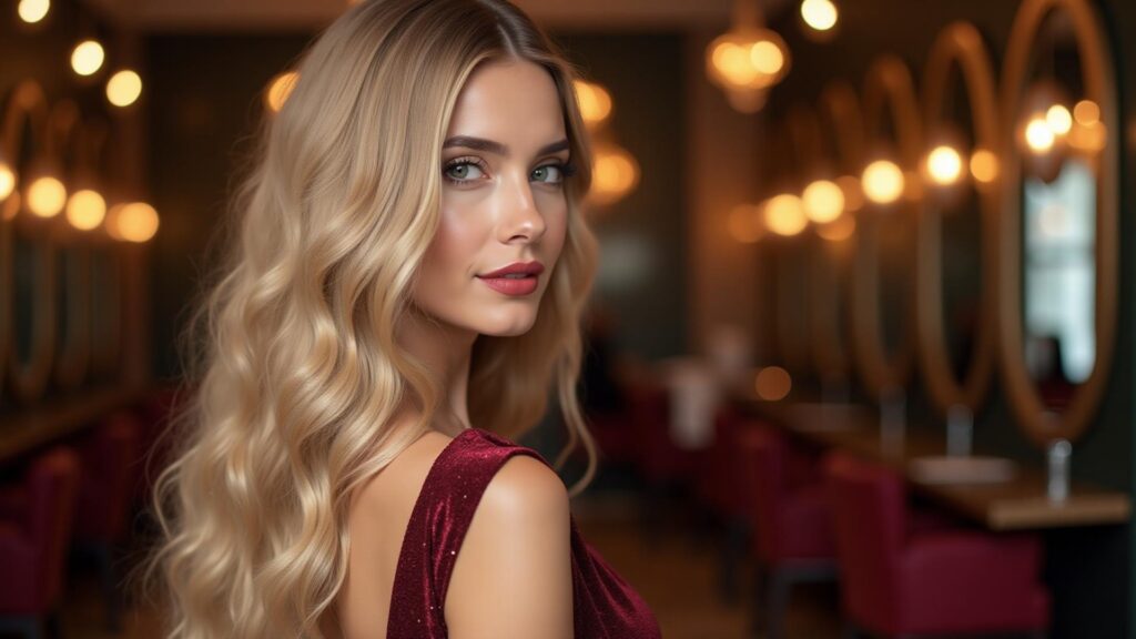 Holiday Discounts 1 Beautiful woman in festive Christmas outfit posing, showcasing Holiday Discounts fashion.