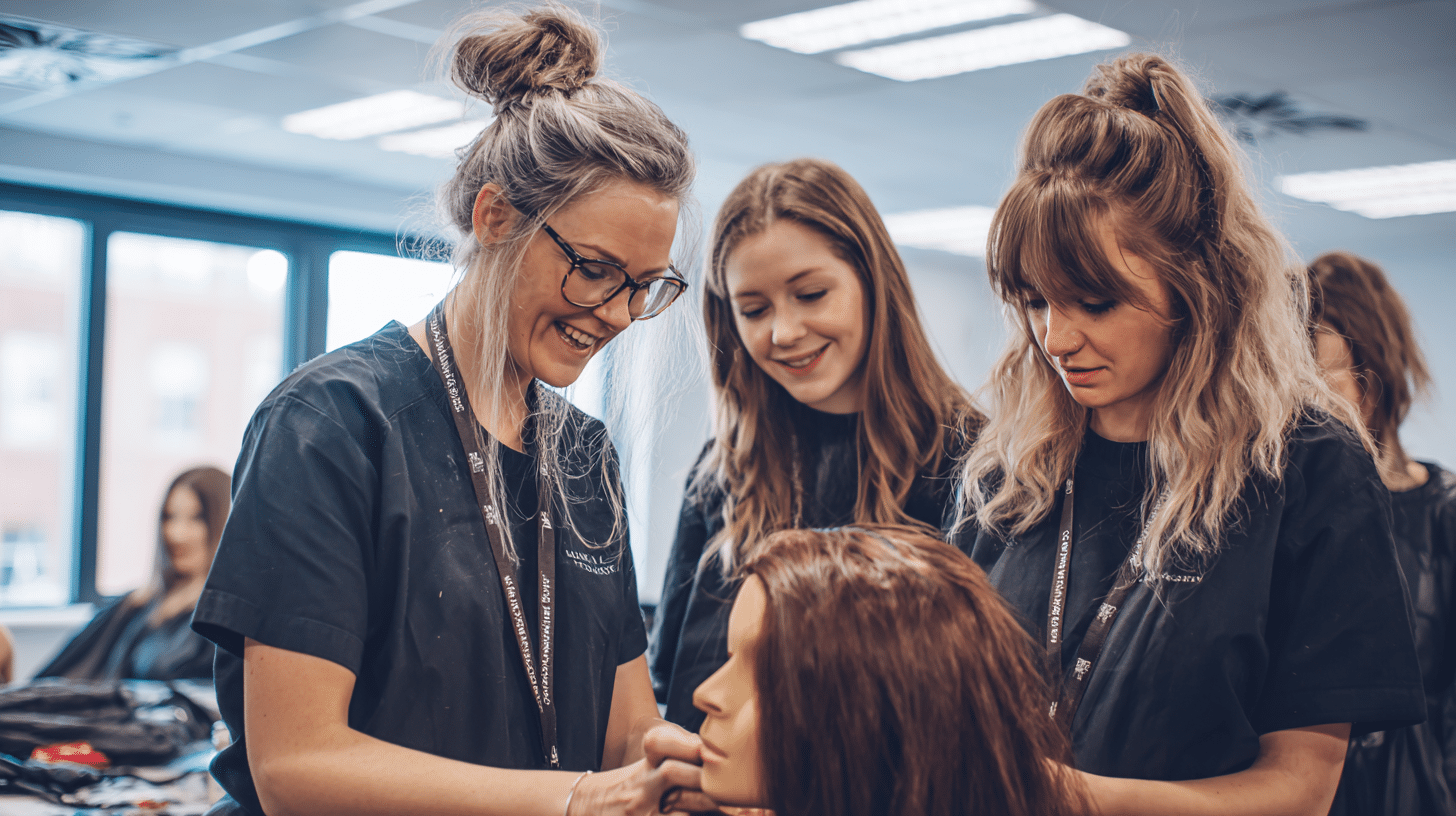 Three focused students practicing hair extension techniques on mannequins in a well-lit classroom, part of their hair extension education.