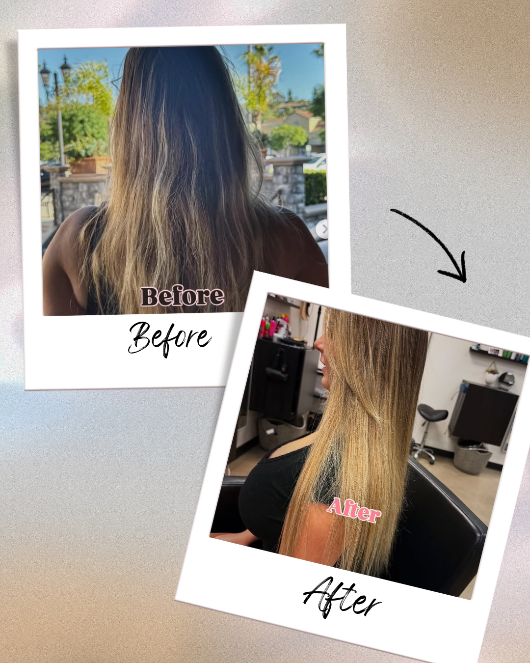 Headshot showing a significant hair transformation using sew in extensions, comparing the initial state to the final long, voluminous style.