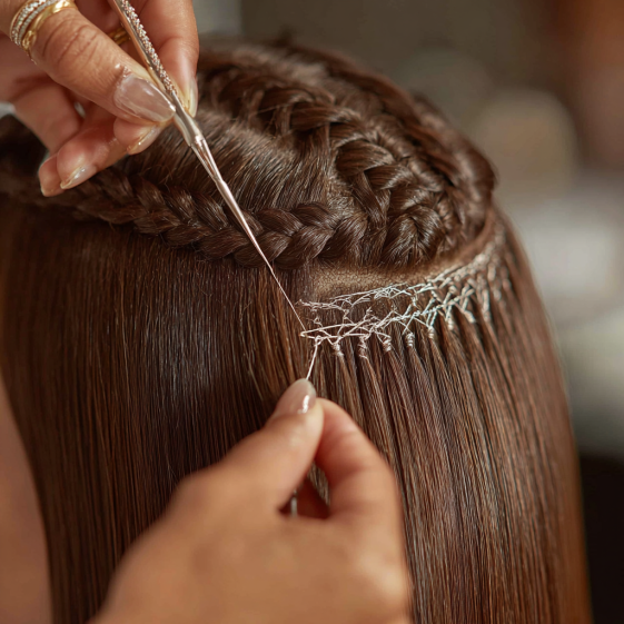 Ultra-detailed close-up of a stylist’s hands demonstrating the precise stitching technique for sew in extensions on straight hair.