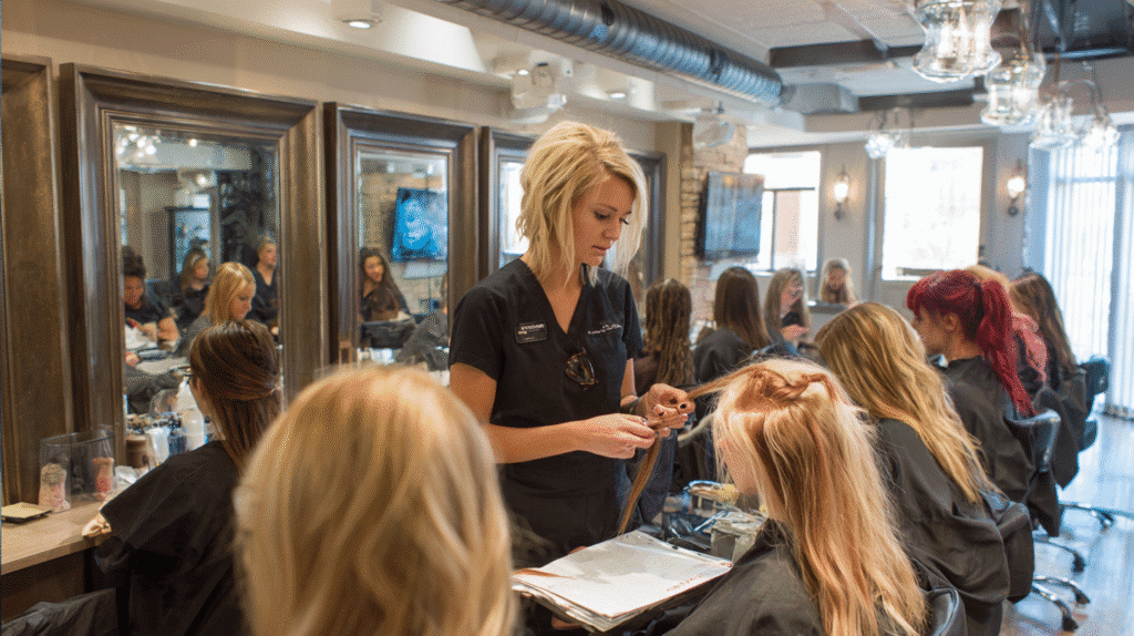 Hair Extensions Academy 1 Female instructor demonstrating precise extension application to a small group of students at a professional Hair Extension Academy.